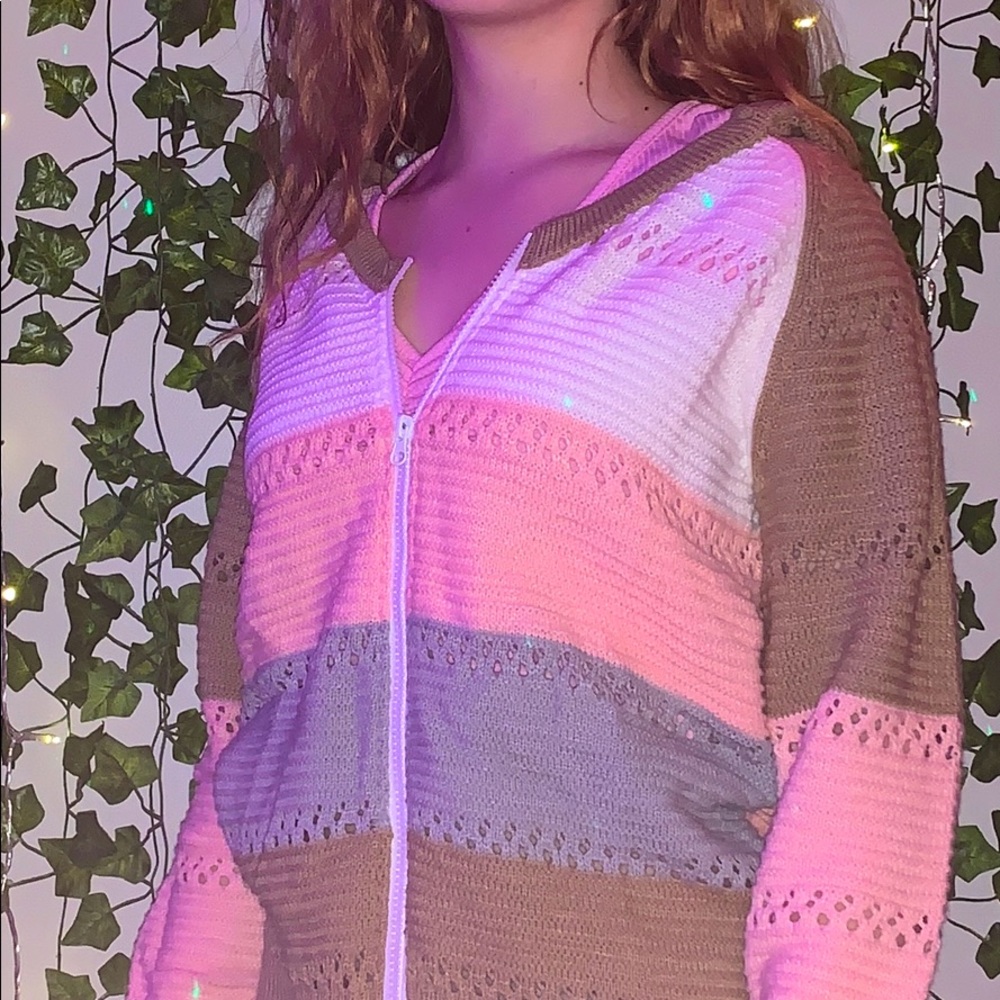 tan white and pink sweater